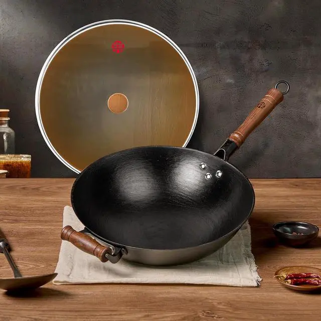 Alt view image 4 of 7 - WANGYUANJI 14.17-Inch Cast Iron Chinese Wok with Round Bottom & Glass Lid - Traditional Chinese Wok for Gas Stove and Open Flame Cooking