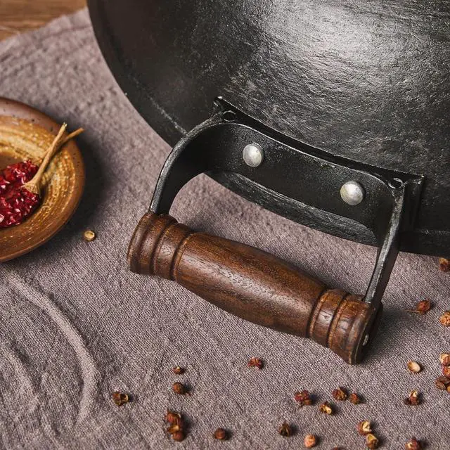 Alt view image 7 of 7 - WANGYUANJI 14.17-Inch Cast Iron Chinese Wok with Round Bottom & Glass Lid - Traditional Chinese Wok for Gas Stove and Open Flame Cooking