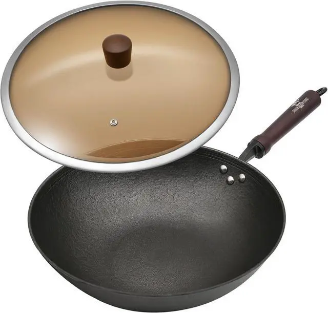 Main image of Cast Iron Wok Pan, 11.8" Preseasoned Nonstick Stir-Fry Pans with Glass Lid and Wood Handle, Uncoated Traditional Chinese Wok for Induction, Electric, Gas Stoves