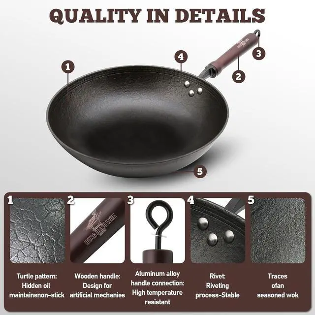 Alt view image 3 of 7 - Cast Iron Wok Pan, 11.8" Preseasoned Nonstick Stir-Fry Pans with Glass Lid and Wood Handle, Uncoated Traditional Chinese Wok for Induction, Electric, Gas Stoves