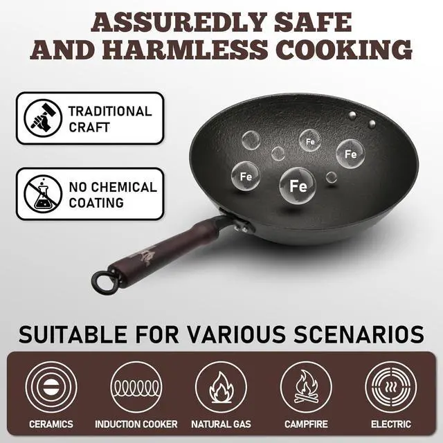 Alt view image 4 of 7 - Cast Iron Wok Pan, 11.8" Preseasoned Nonstick Stir-Fry Pans with Glass Lid and Wood Handle, Uncoated Traditional Chinese Wok for Induction, Electric, Gas Stoves