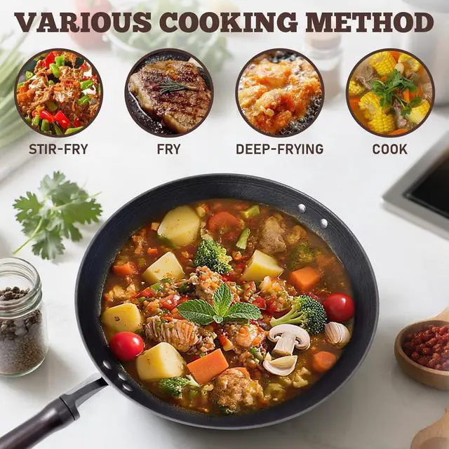 Alt view image 6 of 7 - Cast Iron Wok Pan, 11.8" Preseasoned Nonstick Stir-Fry Pans with Glass Lid and Wood Handle, Uncoated Traditional Chinese Wok for Induction, Electric, Gas Stoves