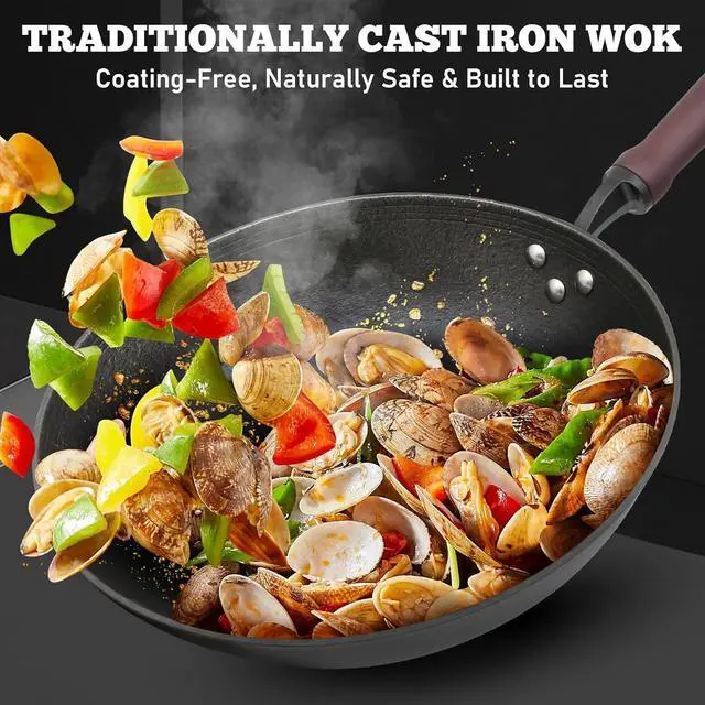 Alt view image 7 of 7 - Cast Iron Wok Pan, 11.8" Preseasoned Nonstick Stir-Fry Pans with Glass Lid and Wood Handle, Uncoated Traditional Chinese Wok for Induction, Electric, Gas Stoves