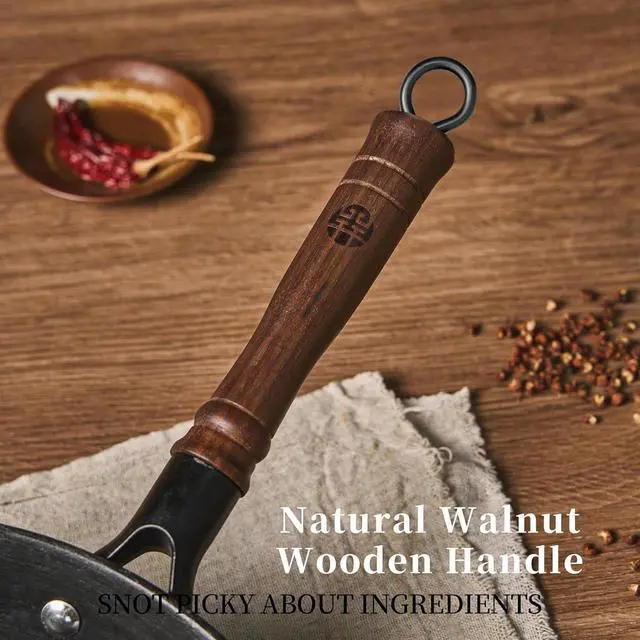 Alt view image 6 of 7 - WANGYUANJI 14.17-Inch Cast Iron Chinese Wok with Round Bottom & Glass Lid - Traditional Chinese Wok for Gas Stove and Open Flame Cooking