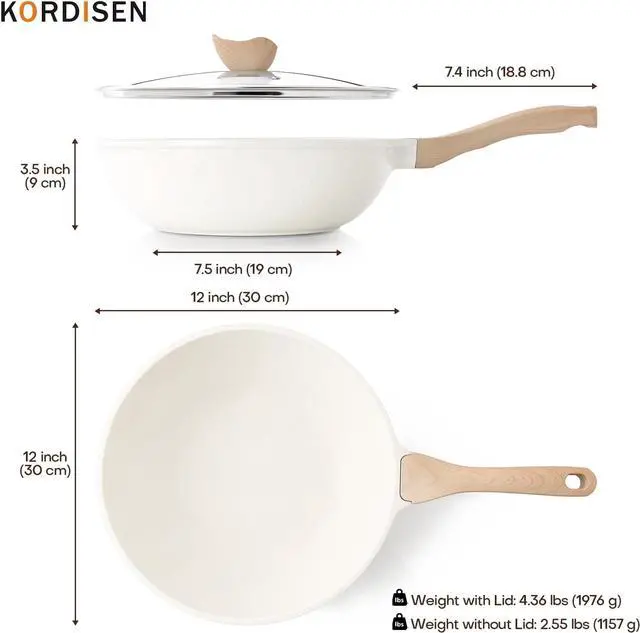Alt view image 6 of 7 - Nonstick Wok with Lid, 12 Inch Woks & Stir-fry Pans, Healthy Coating Induction Cookware, Compatible with All Stovetops, PFOA Free (Cream White)