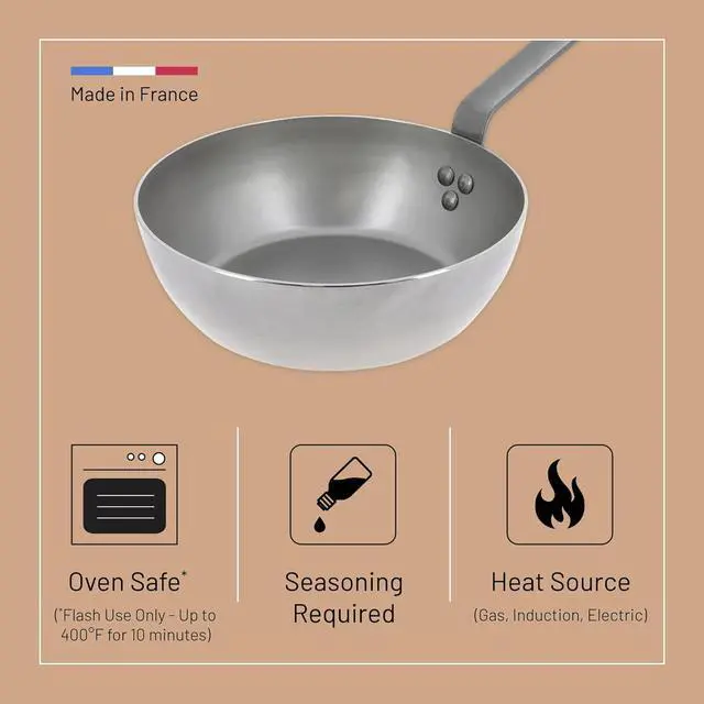 Alt view image 3 of 7 - De Buyer MINERAL B Carbon Steel Country Fry Pan - 11 Diameter, 7.7 Cooking Surface - Ideal for Sauteing, Simmering, Deep Frying & Stir Frying - PFAS, PFOA & PFOS Free - Made in France