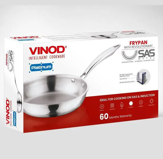 Alt view image 7 of 7 - Vinod Platinum Triply Stainless Steel Frypan 24 cm | 2.5 mm Thick | Steel Pan | Scratch Resistant, Non Toxic | | Induction & Gas Friendly, Heavy Bottom