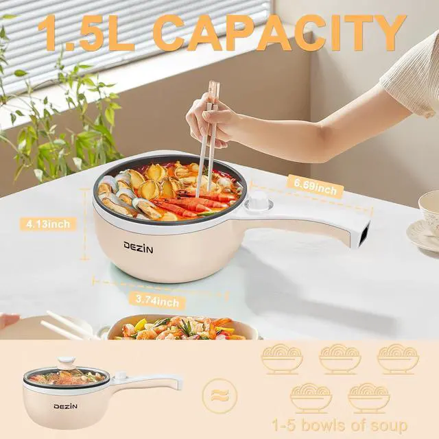 Alt view image 4 of 7 - Dezin Hot Pot Electric Upgraded, Non-Stick Sauté Pan, Rapid Noodles Electric Pot, 1.5L Mini Portable Hot Pot for Steak, Egg, Fried Rice, Ramen, Oatmeal, Soup with Power Adjustment