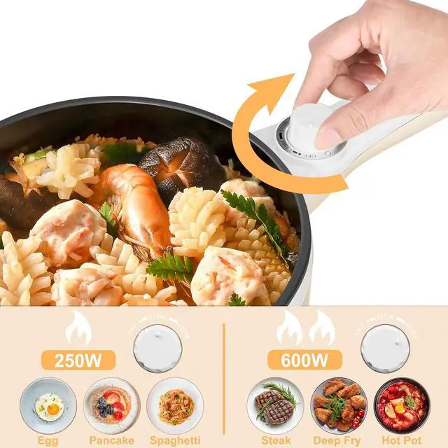 Alt view image 3 of 7 - Dezin Hot Pot Electric Upgraded, Non-Stick Sauté Pan, Rapid Noodles Electric Pot, 1.5L Mini Portable Hot Pot for Steak, Egg, Fried Rice, Ramen, Oatmeal, Soup with Power Adjustment
