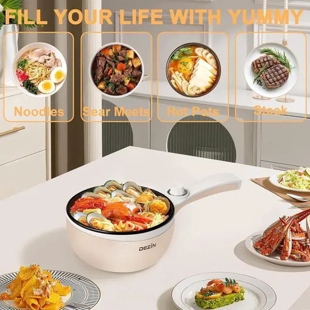 Alt view image 6 of 7 - Dezin Hot Pot Electric Upgraded, Non-Stick Sauté Pan, Rapid Noodles Electric Pot, 1.5L Mini Portable Hot Pot for Steak, Egg, Fried Rice, Ramen, Oatmeal, Soup with Power Adjustment