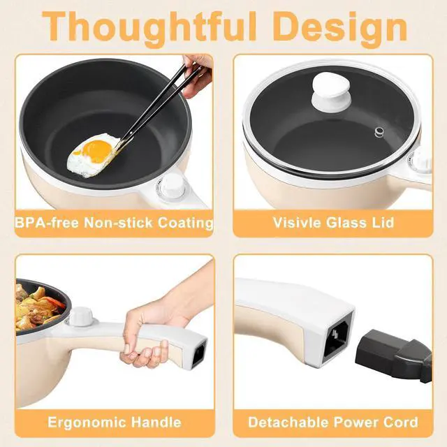 Alt view image 7 of 7 - Dezin Hot Pot Electric Upgraded, Non-Stick Sauté Pan, Rapid Noodles Electric Pot, 1.5L Mini Portable Hot Pot for Steak, Egg, Fried Rice, Ramen, Oatmeal, Soup with Power Adjustment