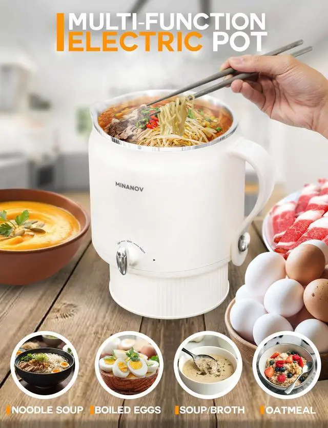 Alt view image 2 of 7 - Electric Hot Pot - Electric Ramen Cooker with Adjustable Temperature - Portable Electric Pot for Ramen, Soup, Shabu Shabu, Noodles - Mini Travel Hot Pot for Dorm, RV, Camping