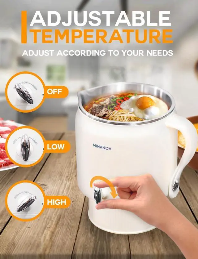 Alt view image 4 of 7 - Electric Hot Pot - Electric Ramen Cooker with Adjustable Temperature - Portable Electric Pot for Ramen, Soup, Shabu Shabu, Noodles - Mini Travel Hot Pot for Dorm, RV, Camping
