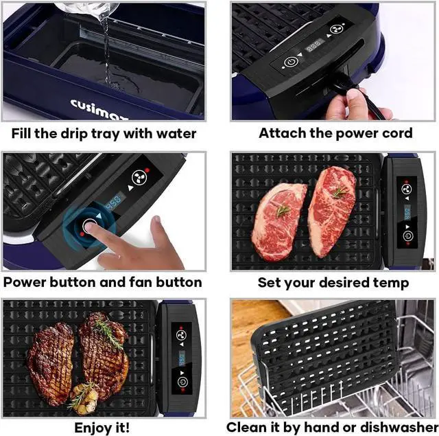 Alt view image 6 of 7 - Electric Indoor Grill Griddle, CUSIMAX Smokeless Grill, Portable Korean BBQ with Turbo Smoke Extractor Technology, Non-stick Removable Plate & Griddle Plates