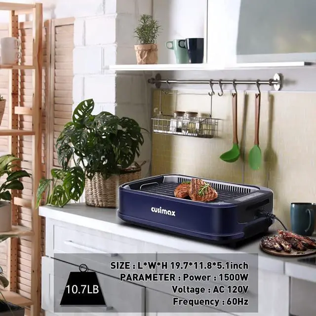 Alt view image 7 of 7 - Electric Indoor Grill Griddle, CUSIMAX Smokeless Grill, Portable Korean BBQ with Turbo Smoke Extractor Technology, Non-stick Removable Plate & Griddle Plates