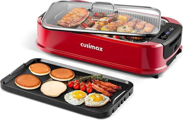 Main image of CUSIMAX Smokeless Indoor Grill, Electric Grill Griddle, 1500W Korean BBQ Grill with LED Smart Display & Tempered Glass Lid, Non-stick Removable Grill Plate & Griddle Plate, Red