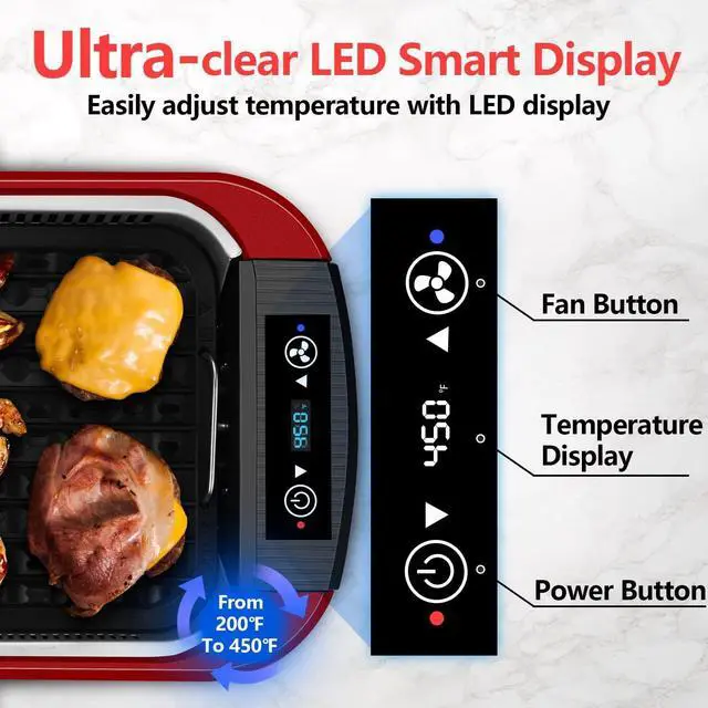 Alt view image 3 of 7 - CUSIMAX Smokeless Indoor Grill, Electric Grill Griddle, 1500W Korean BBQ Grill with LED Smart Display & Tempered Glass Lid, Non-stick Removable Grill Plate & Griddle Plate, Red