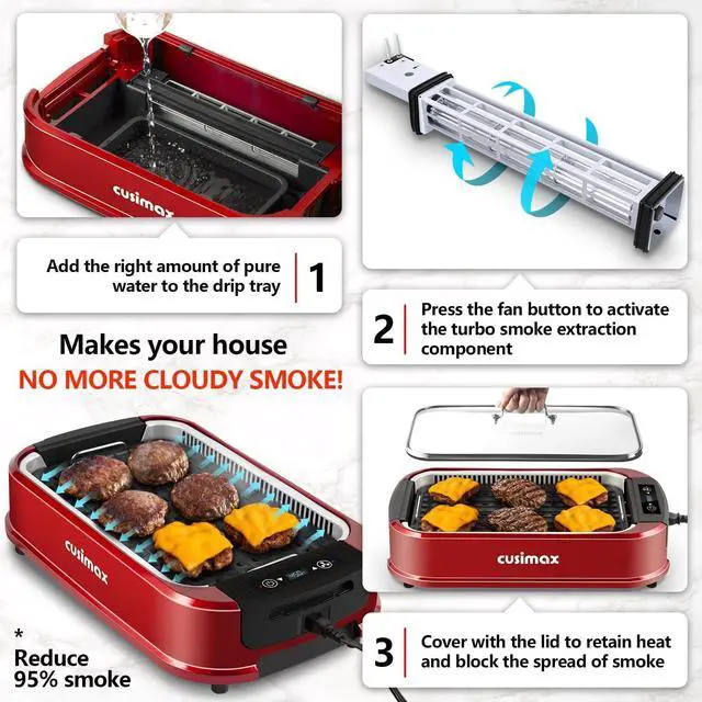 Alt view image 4 of 7 - CUSIMAX Smokeless Indoor Grill, Electric Grill Griddle, 1500W Korean BBQ Grill with LED Smart Display & Tempered Glass Lid, Non-stick Removable Grill Plate & Griddle Plate, Red