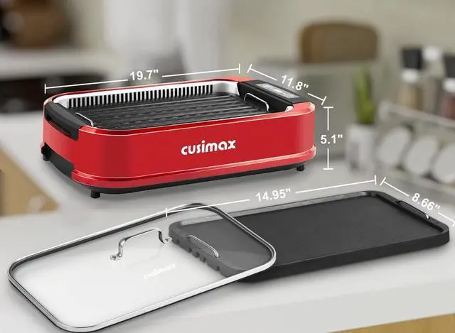 Alt view image 6 of 7 - CUSIMAX Smokeless Indoor Grill, Electric Grill Griddle, 1500W Korean BBQ Grill with LED Smart Display & Tempered Glass Lid, Non-stick Removable Grill Plate & Griddle Plate, Red