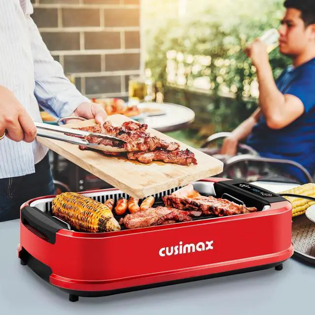 Alt view image 7 of 7 - CUSIMAX Smokeless Indoor Grill, Electric Grill Griddle, 1500W Korean BBQ Grill with LED Smart Display & Tempered Glass Lid, Non-stick Removable Grill Plate & Griddle Plate, Red