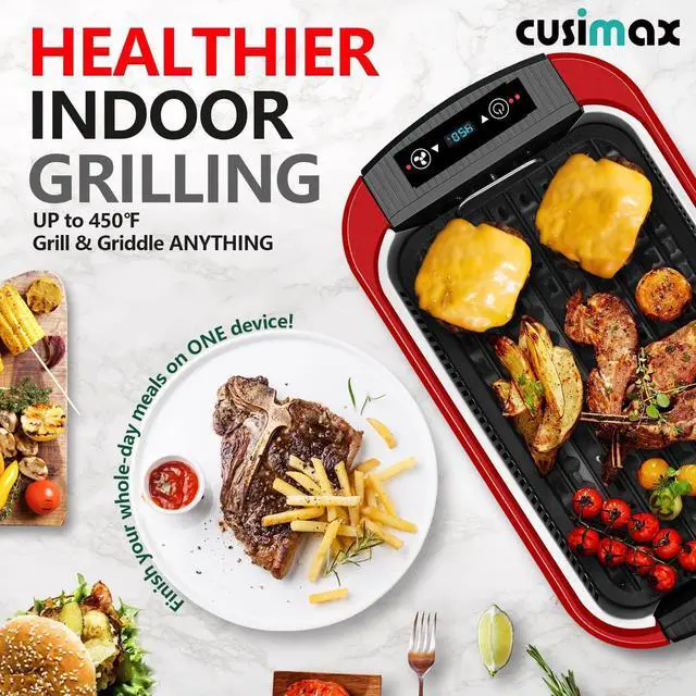Alt view image 5 of 7 - CUSIMAX Smokeless Indoor Grill, Electric Grill Griddle, 1500W Korean BBQ Grill with LED Smart Display & Tempered Glass Lid, Non-stick Removable Grill Plate & Griddle Plate, Red