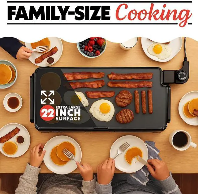 Alt view image 2 of 7 - Gourmia 22-Inch XL Electric Griddle Pan - Nonstick Extra Large Ceramic Surface for Breakfast, Pancakes - Non-Toxic Flat Top Cooker - Countertop Kitchen Appliances for Tabletop Indoor Cooking