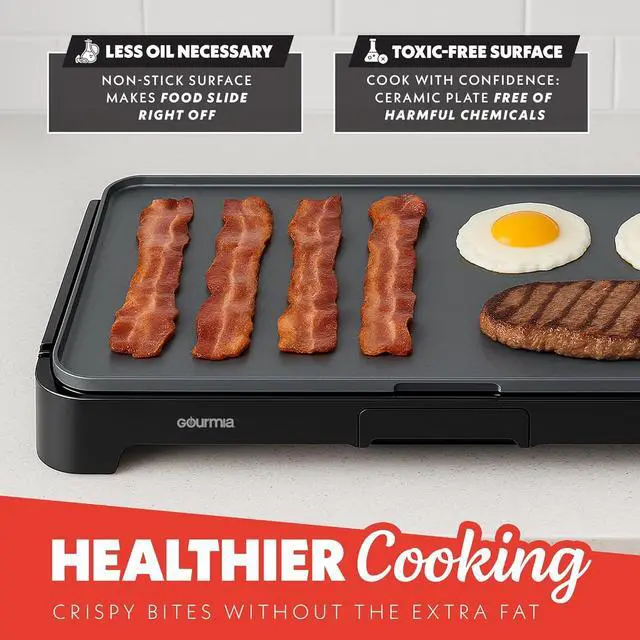 Alt view image 3 of 7 - Gourmia 22-Inch XL Electric Griddle Pan - Nonstick Extra Large Ceramic Surface for Breakfast, Pancakes - Non-Toxic Flat Top Cooker - Countertop Kitchen Appliances for Tabletop Indoor Cooking