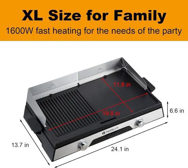 Alt view image 2 of 7 - XL Electric Indoor Grill, 20 Non-stick Griddle Combo, 1600W Fast Heating, Dual Temperature Control, Detachable for Easy Cleaning