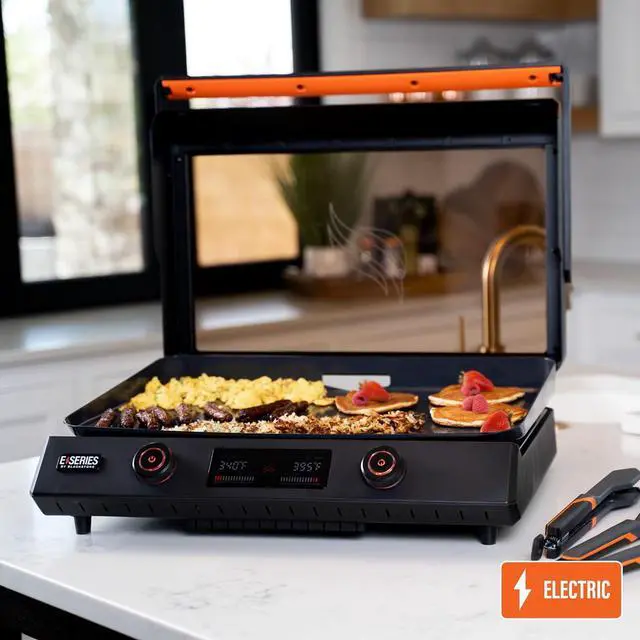 Alt view image 2 of 7 - Blackstone 22-Inch Electric Griddle - 1600W Non Stick Ceramic Titanium Coated Stainless Steel Tabletop Griddle with EZ-Touch Control Dial, LCD Display, Patented Rotate & Remove Glass Hood - 8001