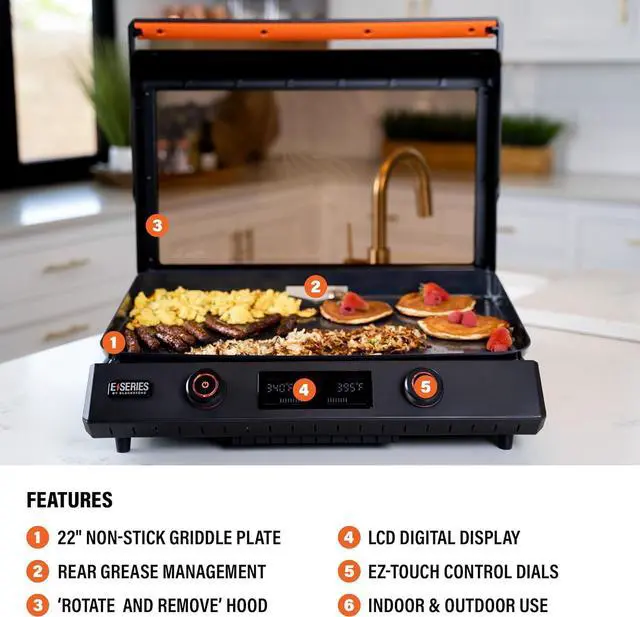 Alt view image 4 of 7 - Blackstone 22-Inch Electric Griddle - 1600W Non Stick Ceramic Titanium Coated Stainless Steel Tabletop Griddle with EZ-Touch Control Dial, LCD Display, Patented Rotate & Remove Glass Hood - 8001