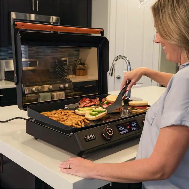 Alt view image 5 of 7 - Blackstone 22-Inch Electric Griddle - 1600W Non Stick Ceramic Titanium Coated Stainless Steel Tabletop Griddle with EZ-Touch Control Dial, LCD Display, Patented Rotate & Remove Glass Hood - 8001