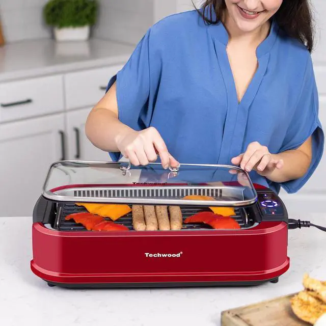Alt view image 2 of 7 - Smokeless Indoor Grill, Techwood 1500W Electric Grill Portable Korean Grill Non-Stick Grill Plates with Temperature Control, Removable Drip Tray, Tempered Glass Lid, Dishwasher-Safe