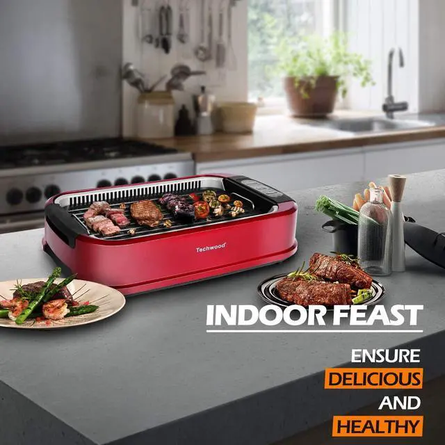 Alt view image 5 of 7 - Smokeless Indoor Grill, Techwood 1500W Electric Grill Portable Korean Grill Non-Stick Grill Plates with Temperature Control, Removable Drip Tray, Tempered Glass Lid, Dishwasher-Safe