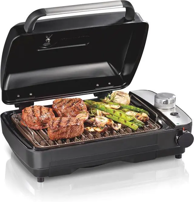 Main image of Hamilton Beach Electric Indoor Grill with Hot and Cold Smoke Infuser, 150°F - 450°F Temperature Control For Searing, Vented Hood and Fan, 116 Sq. In. Non-Stick Cooking Surface, Black (25375)