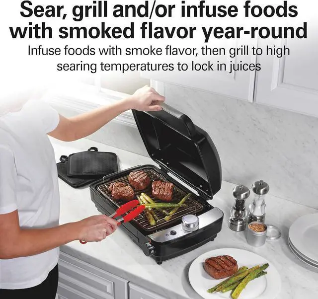 Alt view image 2 of 7 - Hamilton Beach Electric Indoor Grill with Hot and Cold Smoke Infuser, 150°F - 450°F Temperature Control For Searing, Vented Hood and Fan, 116 Sq. In. Non-Stick Cooking Surface, Black (25375)
