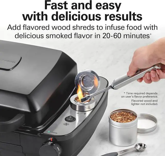 Alt view image 3 of 7 - Hamilton Beach Electric Indoor Grill with Hot and Cold Smoke Infuser, 150°F - 450°F Temperature Control For Searing, Vented Hood and Fan, 116 Sq. In. Non-Stick Cooking Surface, Black (25375)