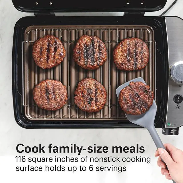 Alt view image 4 of 7 - Hamilton Beach Electric Indoor Grill with Hot and Cold Smoke Infuser, 150°F - 450°F Temperature Control For Searing, Vented Hood and Fan, 116 Sq. In. Non-Stick Cooking Surface, Black (25375)
