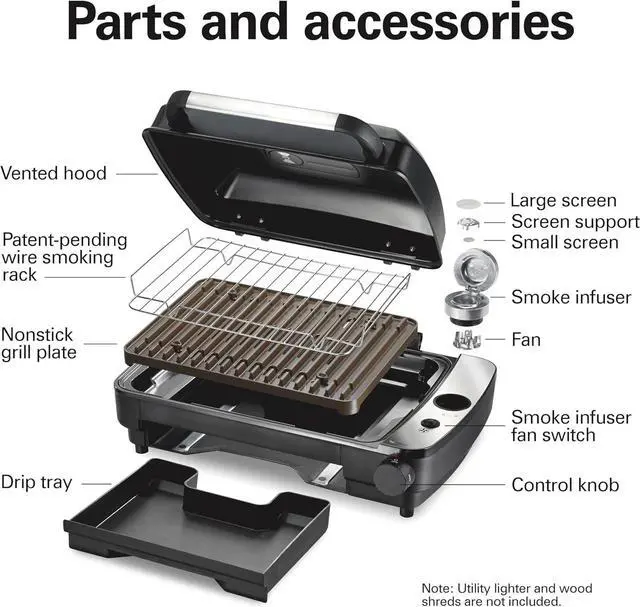Alt view image 7 of 7 - Hamilton Beach Electric Indoor Grill with Hot and Cold Smoke Infuser, 150°F - 450°F Temperature Control For Searing, Vented Hood and Fan, 116 Sq. In. Non-Stick Cooking Surface, Black (25375)