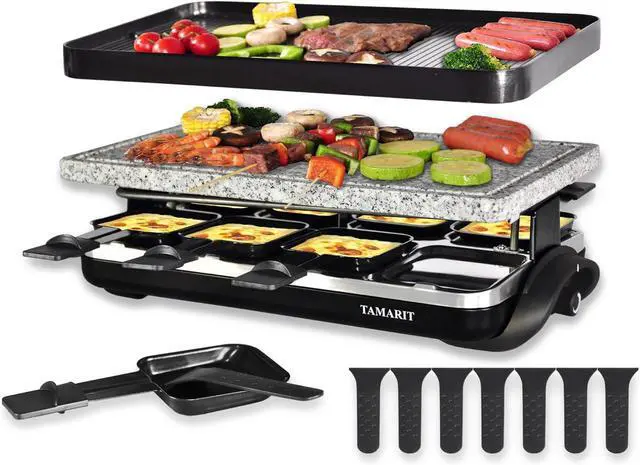 Main image of TAMARIT Raclette Table Grill Portable 3 in 1 Korean Barbecue BBQ Grill Electric Indoor Grill with Non-Stick Reversible Grilling Plate & Cooking Stone for Steak 1400W Raclette Grill for 8 Person, Black