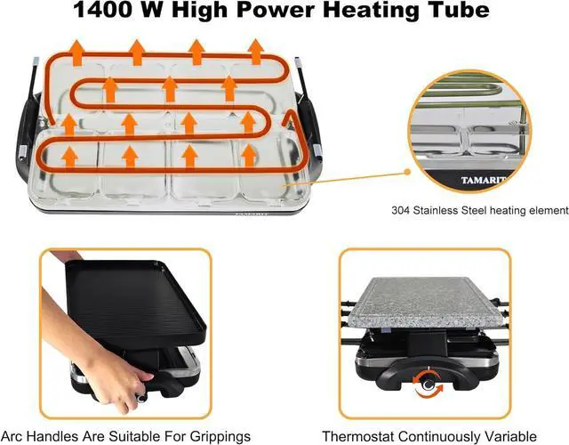 Alt view image 3 of 7 - TAMARIT Raclette Table Grill Portable 3 in 1 Korean Barbecue BBQ Grill Electric Indoor Grill with Non-Stick Reversible Grilling Plate & Cooking Stone for Steak 1400W Raclette Grill for 8 Person, Black