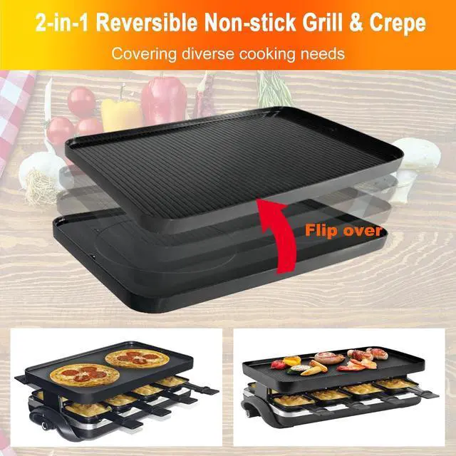 Alt view image 4 of 7 - TAMARIT Raclette Table Grill Portable 3 in 1 Korean Barbecue BBQ Grill Electric Indoor Grill with Non-Stick Reversible Grilling Plate & Cooking Stone for Steak 1400W Raclette Grill for 8 Person, Black