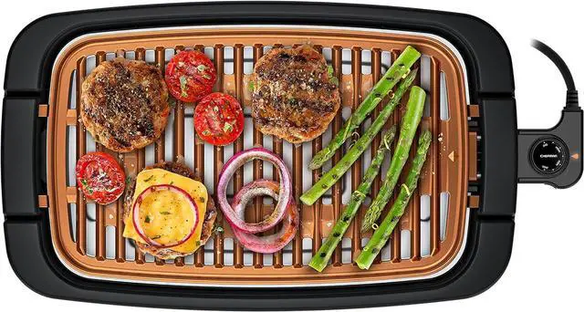 Main image of Chefman Smokeless Indoor Electric Grill, Copper, Extra Large, Nonstick Table Top Grill for Indoor Grilling and BBQ with Adjustable Temperature Control, Nonstick Dishwasher-Safe Parts, 9" x 15"