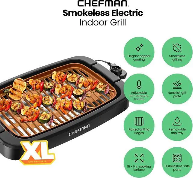 Alt view image 2 of 7 - Chefman Smokeless Indoor Electric Grill, Copper, Extra Large, Nonstick Table Top Grill for Indoor Grilling and BBQ with Adjustable Temperature Control, Nonstick Dishwasher-Safe Parts, 9" x 15"