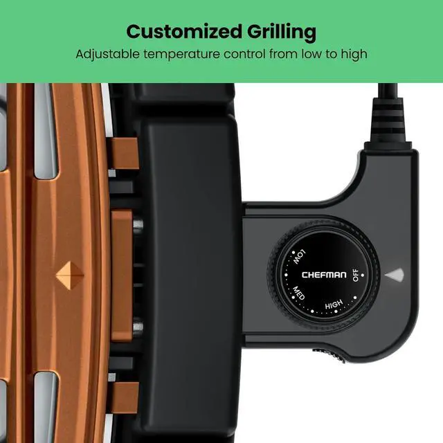 Alt view image 5 of 7 - Chefman Smokeless Indoor Electric Grill, Copper, Extra Large, Nonstick Table Top Grill for Indoor Grilling and BBQ with Adjustable Temperature Control, Nonstick Dishwasher-Safe Parts, 9" x 15"