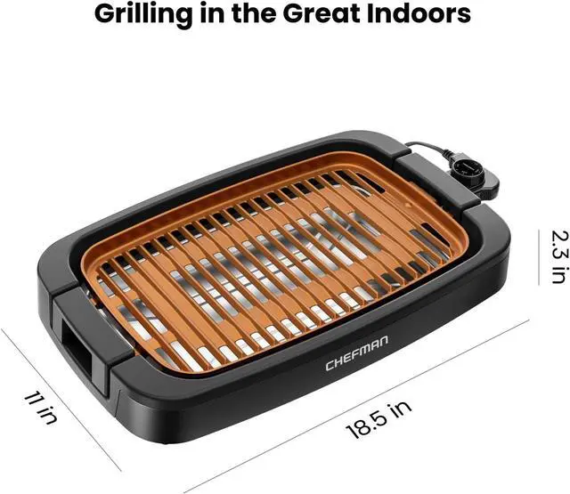 Alt view image 7 of 7 - Chefman Smokeless Indoor Electric Grill, Copper, Extra Large, Nonstick Table Top Grill for Indoor Grilling and BBQ with Adjustable Temperature Control, Nonstick Dishwasher-Safe Parts, 9" x 15"