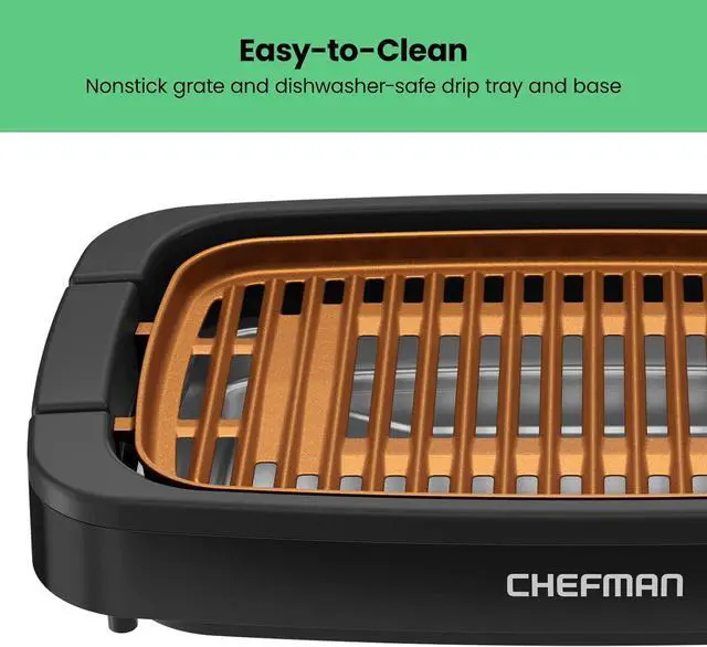 Alt view image 6 of 7 - Chefman Smokeless Indoor Electric Grill, Copper, Extra Large, Nonstick Table Top Grill for Indoor Grilling and BBQ with Adjustable Temperature Control, Nonstick Dishwasher-Safe Parts, 9" x 15"