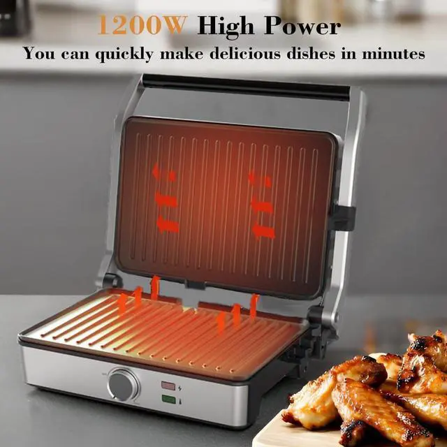 Alt view image 3 of 6 - Panini Press, Electric Sandwich Press Grill, Open 180 Degrees, Electric Grill Indoor, Perfect for Grilling Sandwich, Steak, Burger, Adjustable Temperature Control, Non Stick Coating