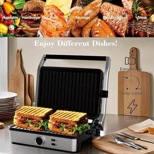 Alt view image 2 of 6 - Panini Press, Electric Sandwich Press Grill, Open 180 Degrees, Electric Grill Indoor, Perfect for Grilling Sandwich, Steak, Burger, Adjustable Temperature Control, Non Stick Coating