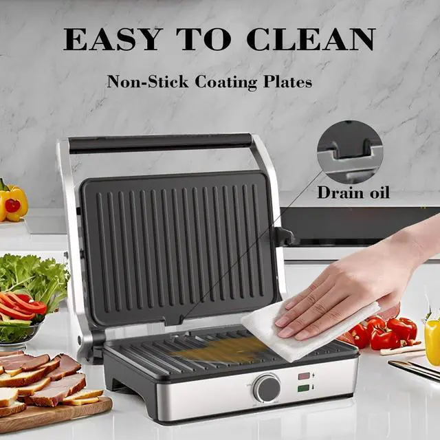 Alt view image 4 of 6 - Panini Press, Electric Sandwich Press Grill, Open 180 Degrees, Electric Grill Indoor, Perfect for Grilling Sandwich, Steak, Burger, Adjustable Temperature Control, Non Stick Coating