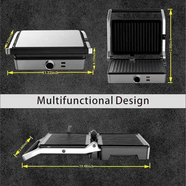 Alt view image 5 of 6 - Panini Press, Electric Sandwich Press Grill, Open 180 Degrees, Electric Grill Indoor, Perfect for Grilling Sandwich, Steak, Burger, Adjustable Temperature Control, Non Stick Coating
